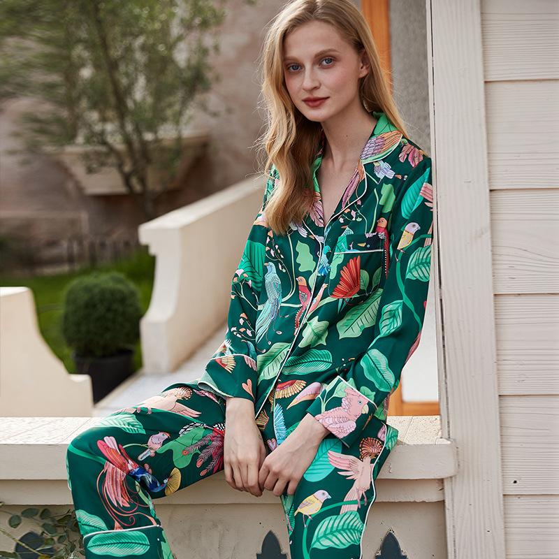 [Green Parrot] Pajamas women's autumn ice silk spring and autumn long sleeves ins thin can be worn outside silk loungewear autumn