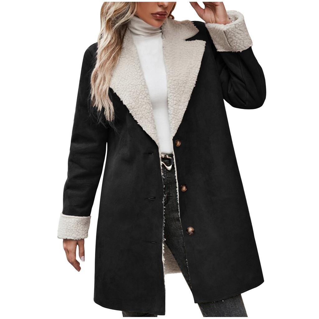 Women's Long Plush Lined Suede Coat with Fur Trim and Metal Buttons In Multiple Colors
