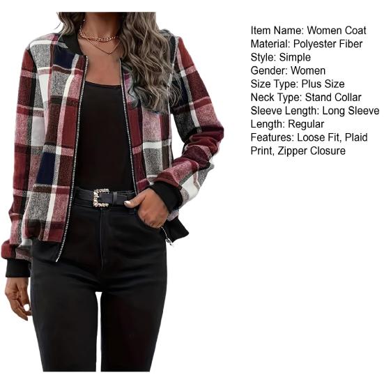 Women Jacket Stand Collar Long Sleeve Zipper Closure Short Jacket Plaid Print Ribbed Hem Cuff Casual Coat Daily Wear