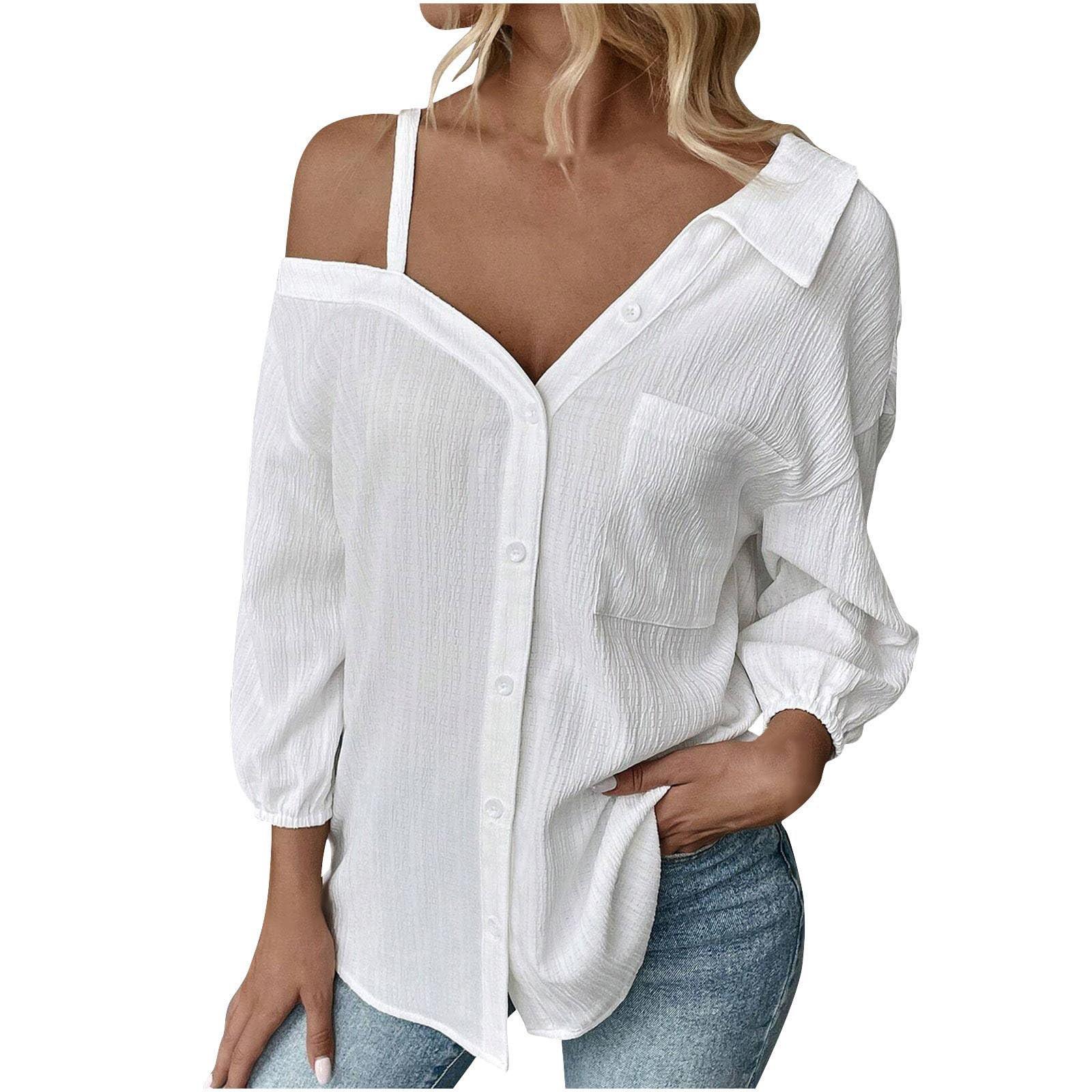 

Women s Fashion Casual Colour Lapel Seven Sleeve Off Shoulder Single Breasted Casual Shirt Top XL белый