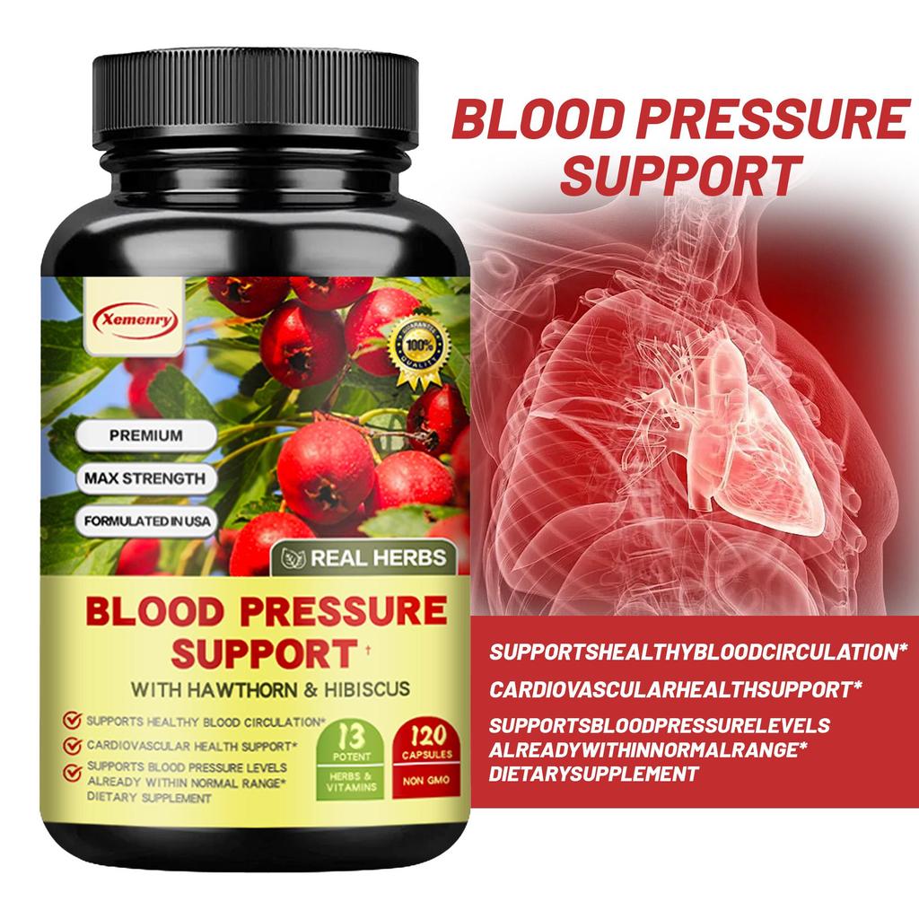Capsule premium per il supporto della pressione sanguigna, contenenti biancospino e fiore di ibisco, promuovono una sana circolazione sanguigna, 120 capsule per confezione.