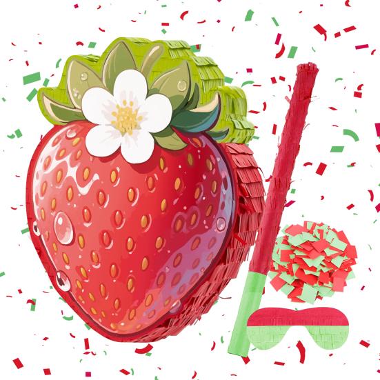 Strawberry Pinata Red Berry Pinata with Blindfold Bat Confetti Summer Fruit Themed Birthday Party Decoration for Kids Baby Shower Supplies