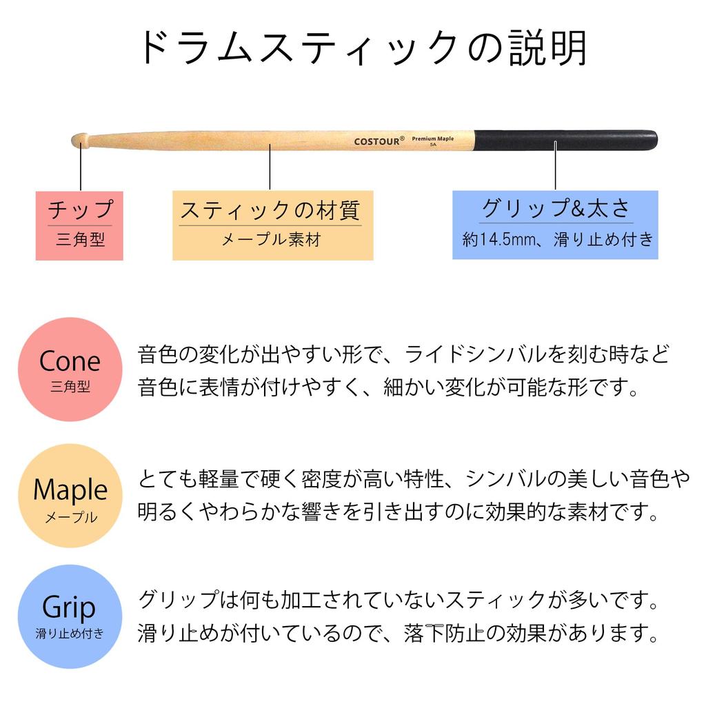 Drumstick Set for Maple Beginners, Practice, Anti-Slip, 5A, Lightweight, (5 Pairs, Black, 5A)