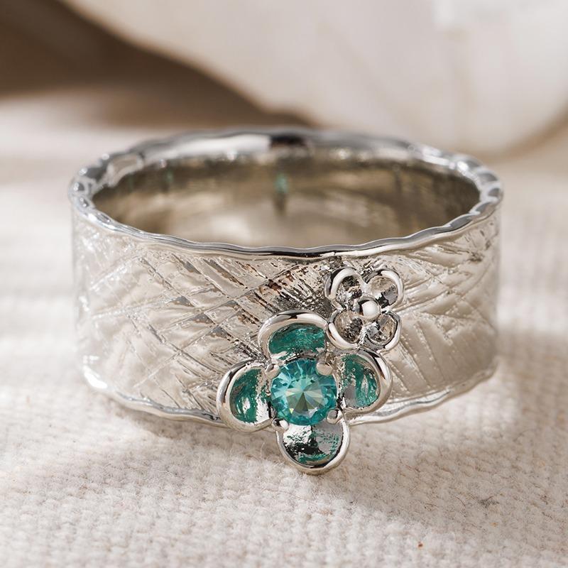 Vintage Inlaid Green CZ Flower Women's Ring Ethnic CopperColor Geometry Daily Wear Party Jewelry Anniversary Gift