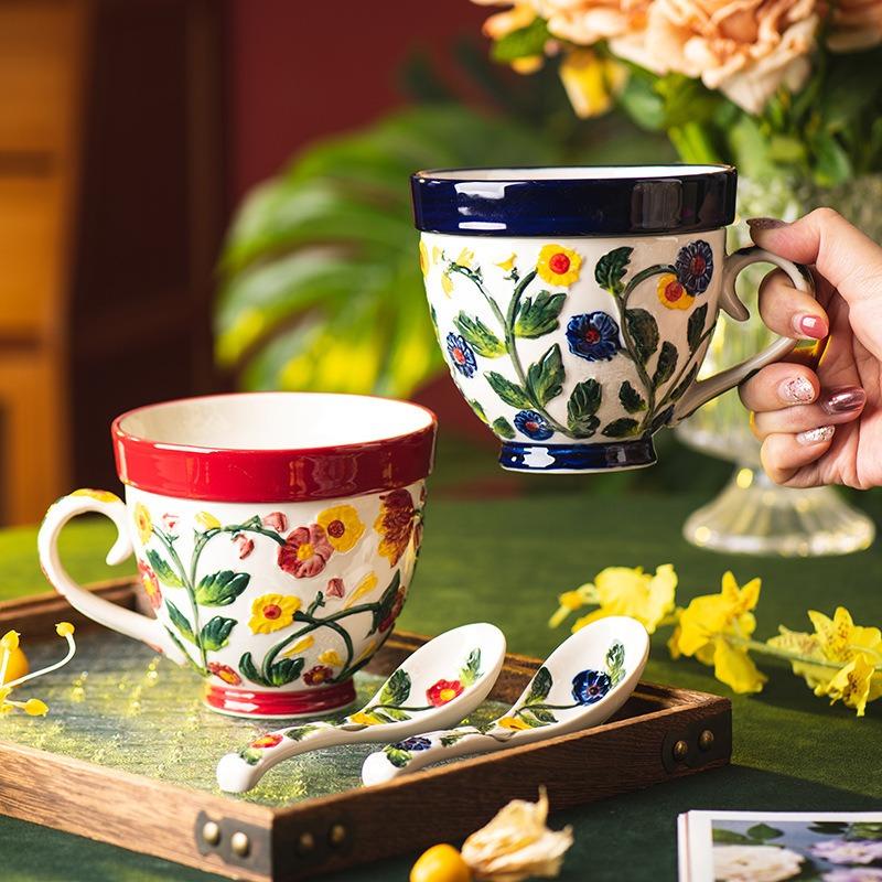 Begonia cup mug with lid ceramic cup household water cup office retro coffee cup breakfast cup couple cup