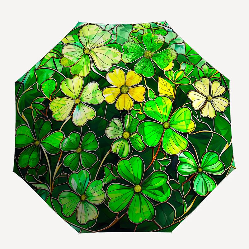 Stained Glass Shamrock Window Panel, Irish Decor for Home & Garden Umbrella, Cute Umbrella with Cute Design, Portable 3-Fold Compact Umbrella for Men