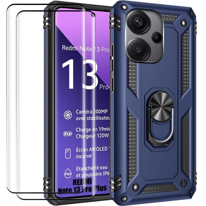 Coque + 2 Verres Trempés pour Xiaomi Redmi Note 13 Pro+ 5G - Note 13 Pro Plus 5G, Protection Anneau Support Renforcée - Bleu Marine