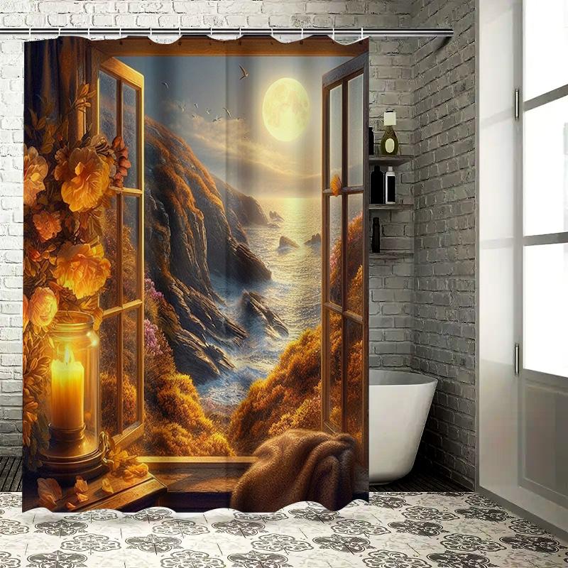 Window View with Moonlit Ocean Shower Curtain Warm Autumn Decor for Bathroom Orange Floral Lighting