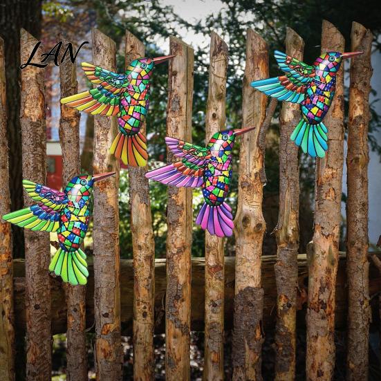 Metal Wall Art Decor Hummingbird Decor, Iron Colorful Bird Fence Decoration, Weather Resistant Outdoor Sculpture Hanging Ornaments for Garden