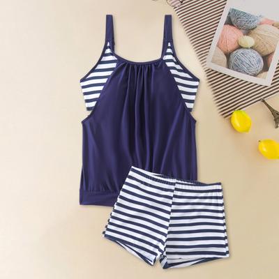 2 Piezas/Set Traje de Baño para Mujer Chaleco Rayado con Almohadillas en el Pecho Conjunto de Pantalones Cortos de Cintura Elástica Caliente