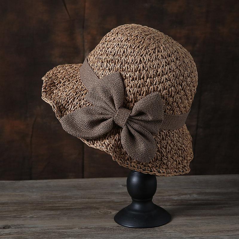 

Hat female summer ins handmade sunshade straw hat big edge bucket hat bow versatile sun hat M（56-58cm） света кофе