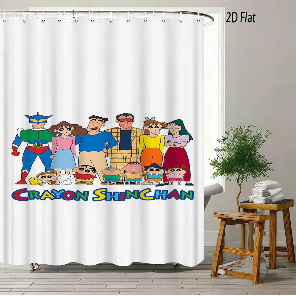 Crayon Shin-Chan Cheese & Shiro 2D Print Waterproof Shower Curtain, Cute Cartoon Bathroom Decor With Hooks