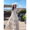 Xiaofei sleeve suspender dress women's lace splicing large skirt waist seaside vacation super fairy medium and long cake skirt