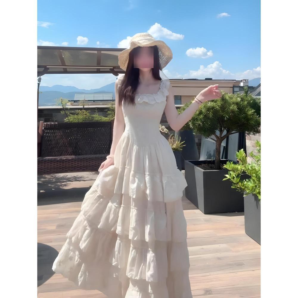 Xiaofei Sleeve Suspender Dress Women's Lace Splicing Large Skirt Waist Seaside Vacation Super Fairy Medium and Long Cake Skirt