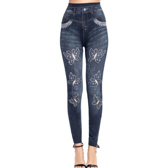 

Fake Jeans Butterfly Print Stretchy Women Ankle Length Butt Lift Trousers for Dating 3XL чорний