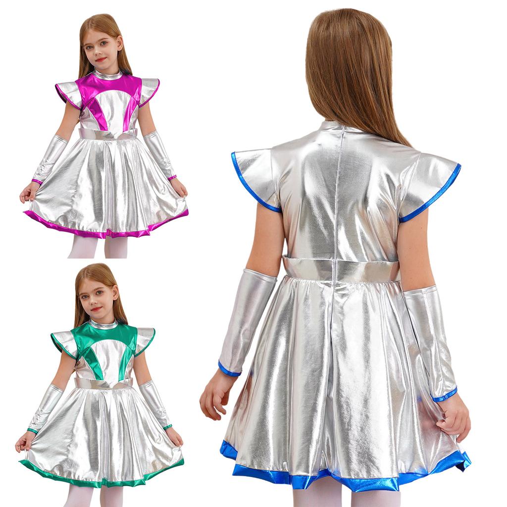 Girls Alien Costume Shimmering PU Patchwork Dress Cap Sleeve Arm Warmers Space Theme Halloween Outfit