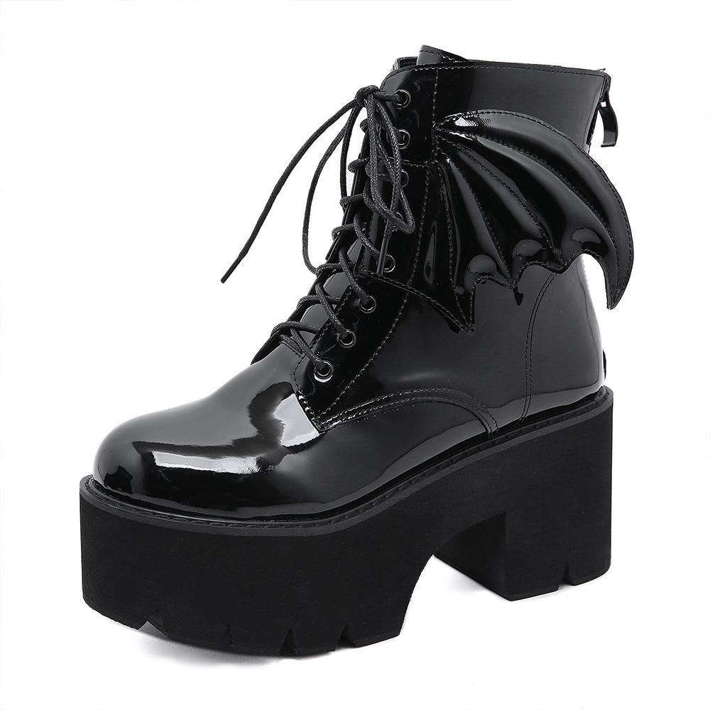 Gdgydh Women's Black Back Zipper Chunky Heel Boots Goth Style Lace Up Solid Color Platform Short Boots for Women Fashion Wing