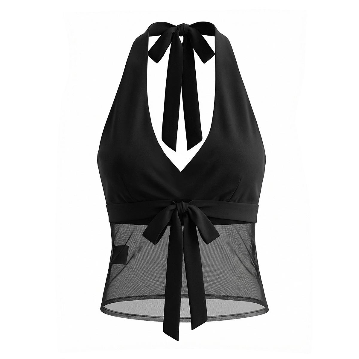2026 French Spicy Girl Halter Patchwork Mesh Camisole & Polka Dot High-Waisted Skirt Set for Women Small