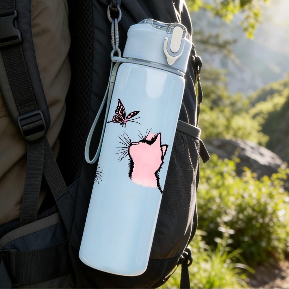 1PC Black White Cat Paw Kitten Print 750ml Color Plastic Sports Water Bottle Leakproof Flip Straw Lid Suitable for Sports Office Home Use