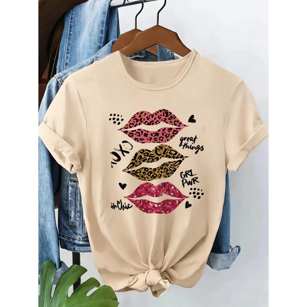

Retro Fashion Leopard Print with Lips Casual Y2k Fashion T-shirt Print Short Sleeve T Shirt Top Tee Summer Ladies Girls Shirt M