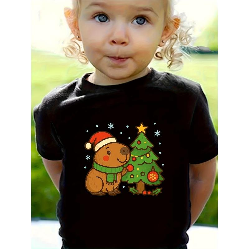 

European sizes Girls Cartoon Print Crew Neck T-Shirt | Summer Short Sleeve Casual Knit Top for Spring/Summer, Regular Fit 98cm чёрный