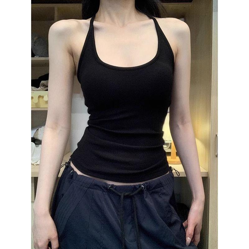 

Американская черная майка на бретелях с вырезом под шею для женщин, нижнее белье, верхняя одежда, бретели для бюстгальтера, нагрудная подушечка, стиль гяру, облегающий крой, обхватывающий талию базовый топ Black 2XL