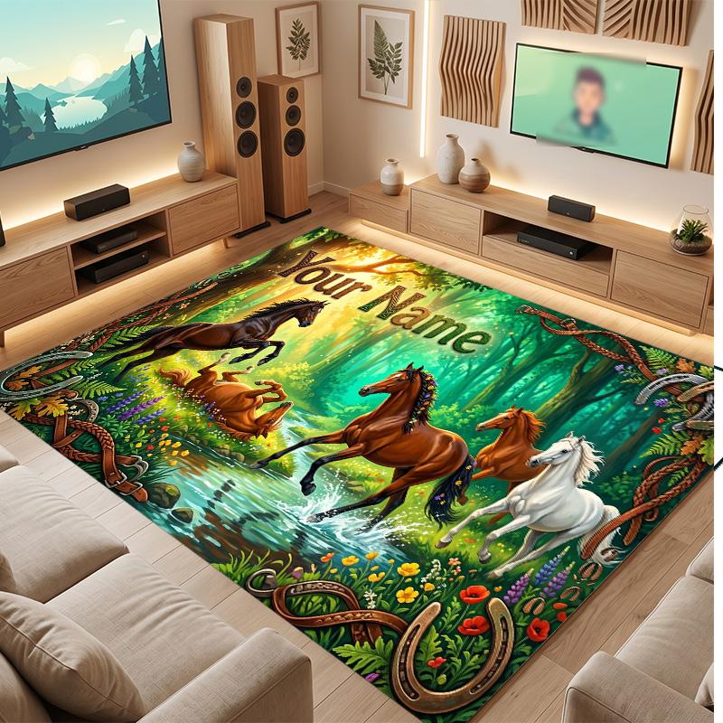 Horse Theme Soft Crystal Velvet Rug Custom Name & Text Print Non Slip Floor Rug for Bedroom Living Room