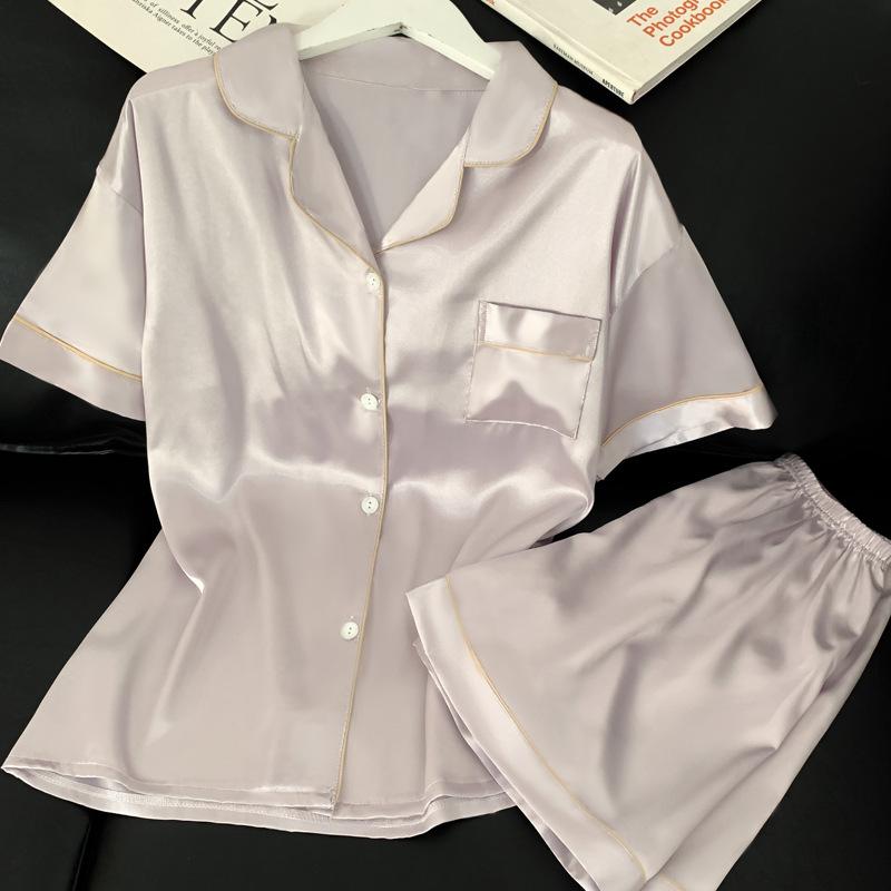 Japanese Ice Silk Short-Sleeved Pajamas Women'S Solid Color Fresh Casual And Comfortable Loungewear Set