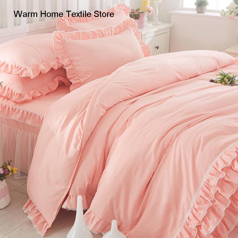 Korean Princess Duvet Cover 4 Piece Set Solid Color Ruffles Lace Quilt Cover And Pillowcase For Girl Woman Romantic Bedspread