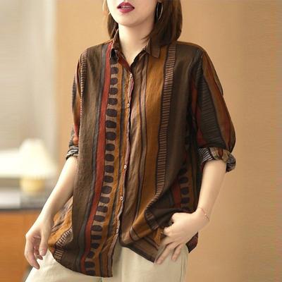 Literary Retro Casual Loose Printing Thin Cotton Linen Long-sleeved Women's Fall Bottoming Shirt Plus Size