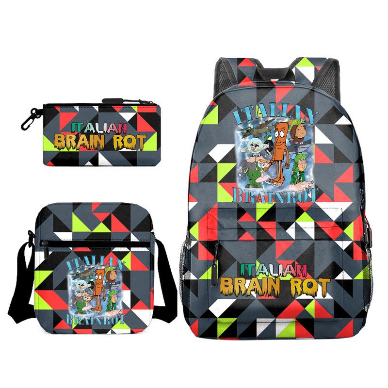 Cartoon abstract Shanhaijing primary school students and teenagers backpack schoolbag tongtongsahur three-piece set L