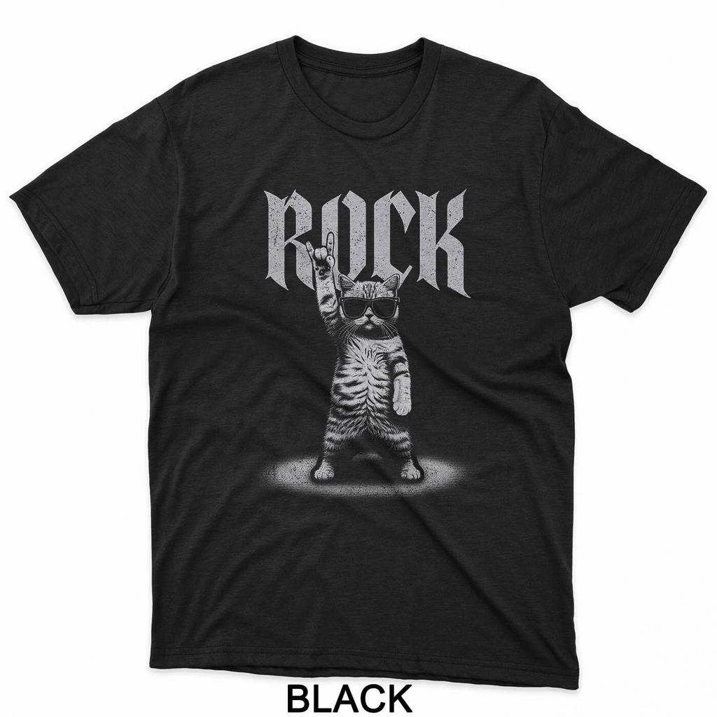 Rock On Cat Rock Music Gift Men Kids Women Funny Cat T-Shirt
