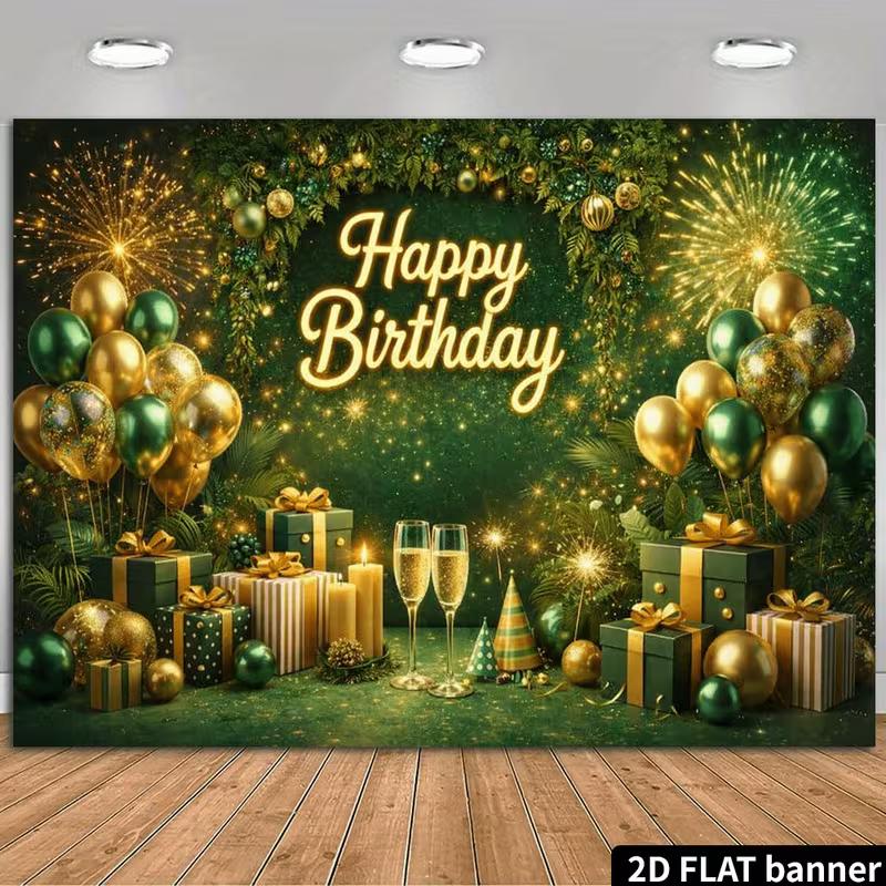 2D Luxurious Emerald Green and Gold Glitter Birthday Backdrop with Fireworks Photo Banner 47.2x31.5inch/120*80cm