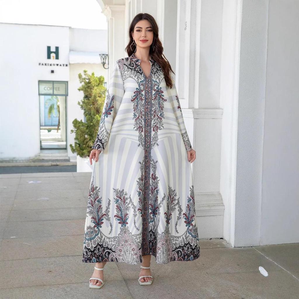 SW1101 Blisko-Wschodni Muzułmański Damski Strój Abaya z Nadrukiem, Koralikami z Cyrkonii i Stójką