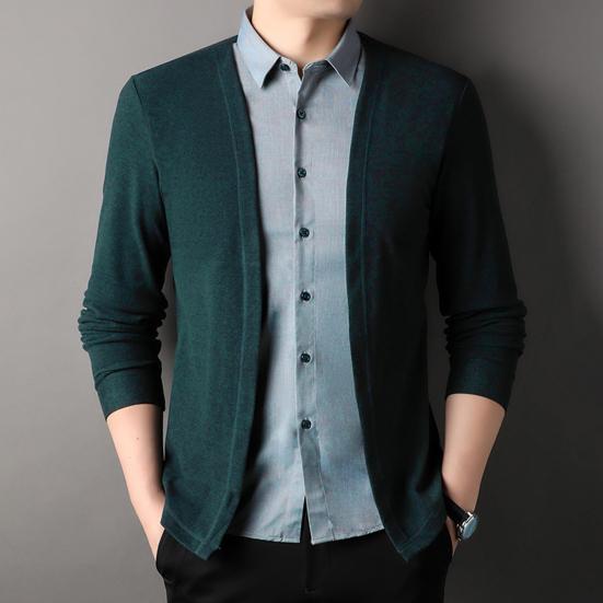 Men Shirt Fake Two-piece Cardigan Turn-down Collar Single-breasted Long Sleeves Color Matching Knitted Formal Business Style Top