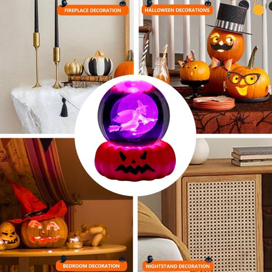 Halloween Faux Crystal Ball Night Light 3D Pumpkin Skull Witch Haunted House Spiderweb Glass Ball Lamp with Base USB Powered Glowing Sphere Decoration