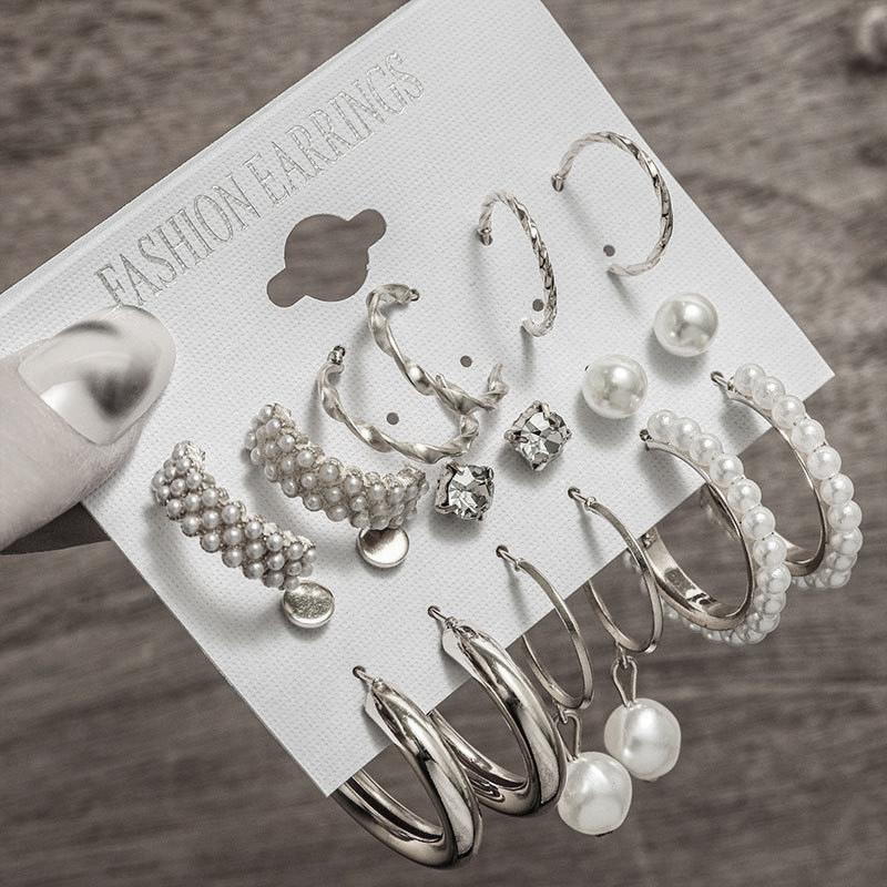 European and American Inlaid Pearl Women's Earrings Creative French Retro Gold Earrings Set 9-piece Set