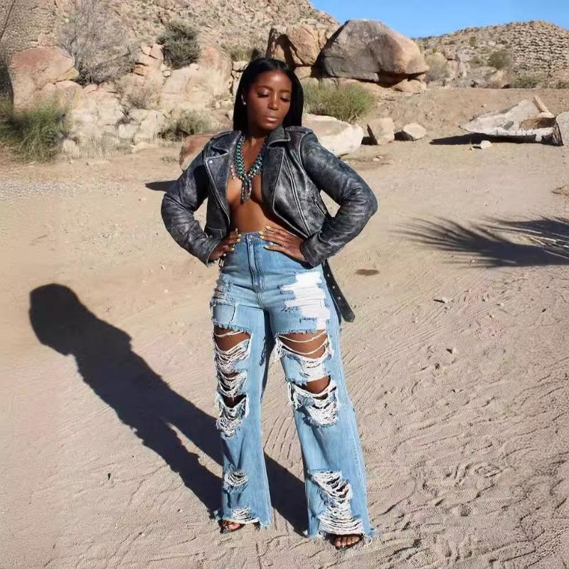 Broken Jeans Women's Street Fashion Fringe Micro-large Pant