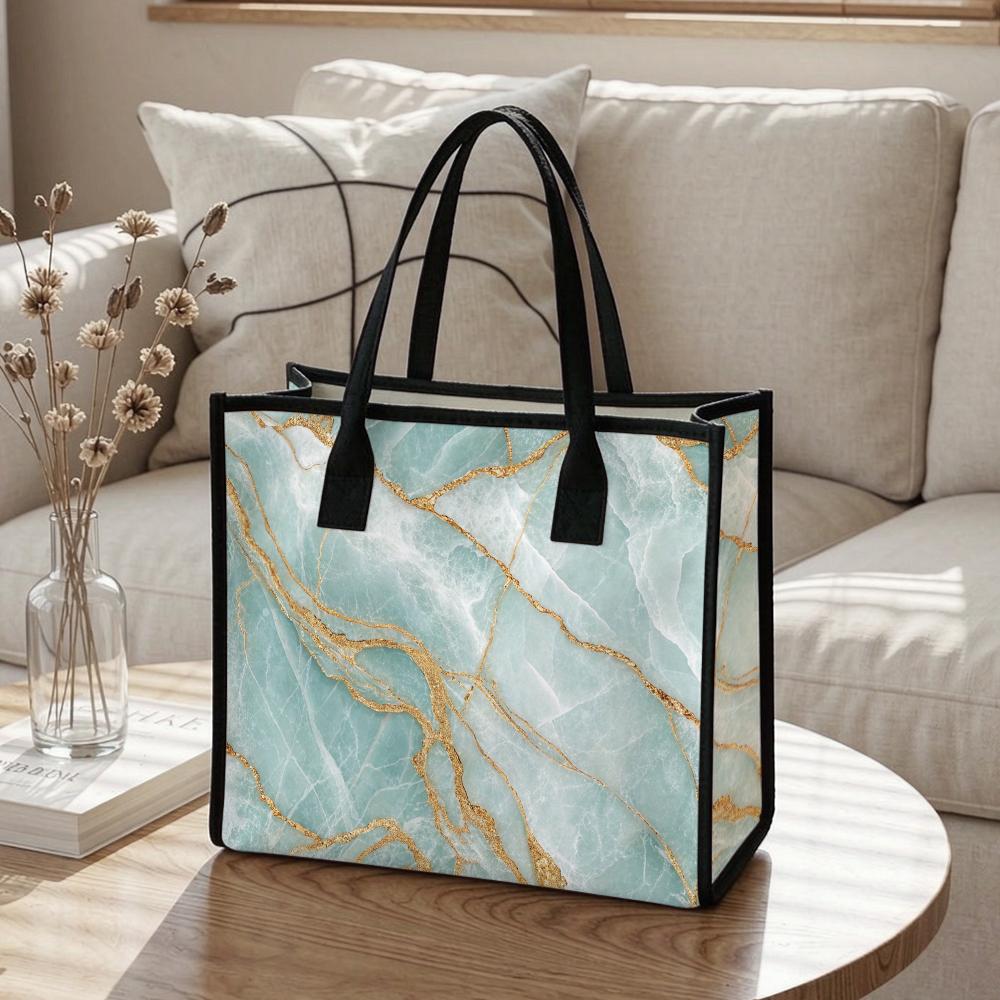 Elegant Cyan Gold Vein Tote Bag for Daily Shopping Commute Portable Stylish Carryall Bag