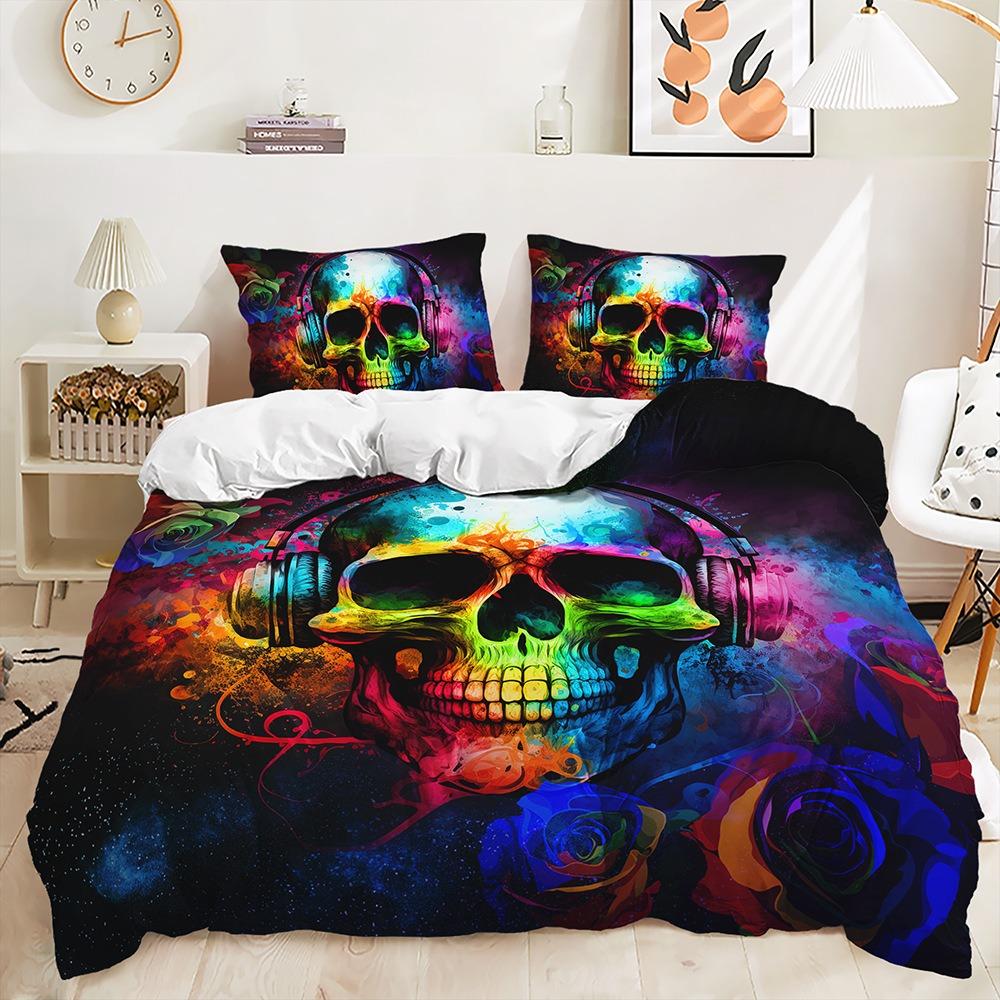 3D Gedrucktes Schädel Blumen Bettwäsche Set King Queen Bett Daunen Bettbezug Kissenbezüge 2/3tlg. Männer Jungen Teenager Bezug Halloween Geschenk