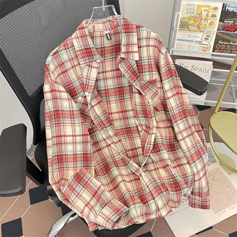 Vintage Plaid Shirt Women Long Sleeve Oversized Retro Style Casual Top