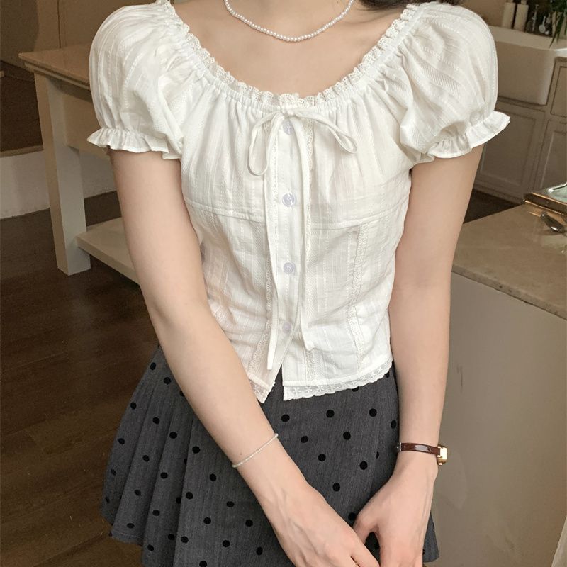 

Girl-like Cute Lace Short-sleeved Shirt Women s Puff Sleeve Shirt Sweet Short Top XL белый