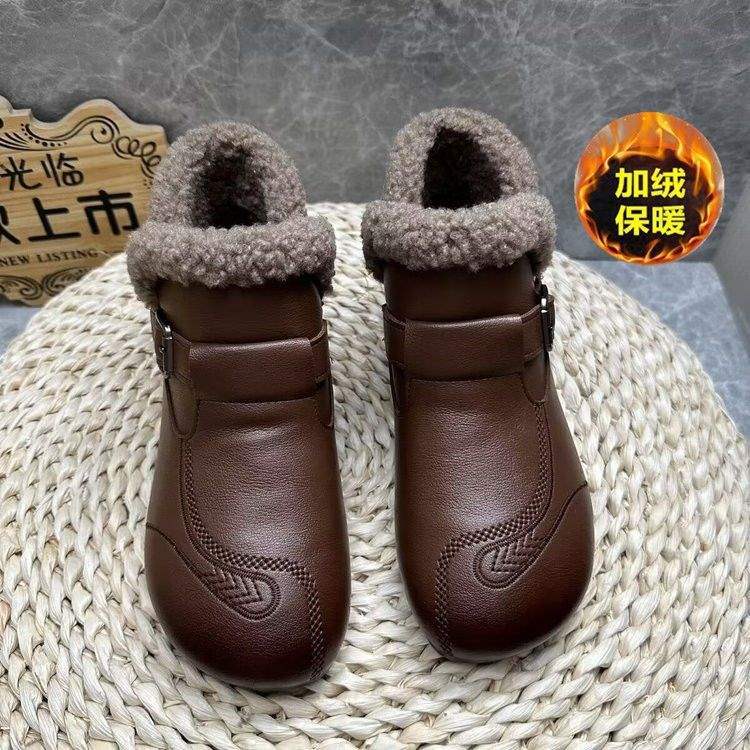 Nötsena sula lammull korta stövlar dam vinter medelålders och äldre halkfria sammet varma mjukbottnade läderskor platta bomullsskor