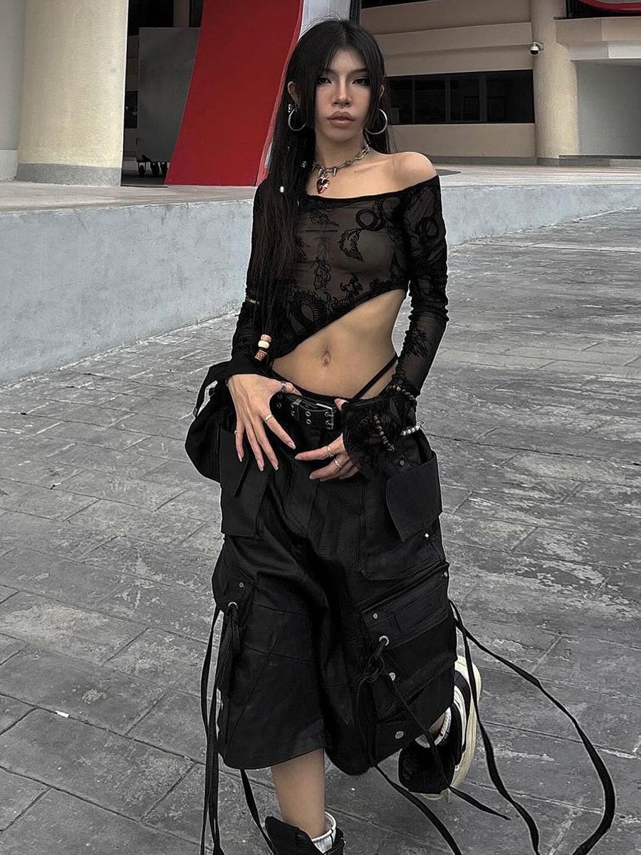 Dark Lace See-Through One-Shoulder Long-Sleeve Slim Fit Top Large чёрный