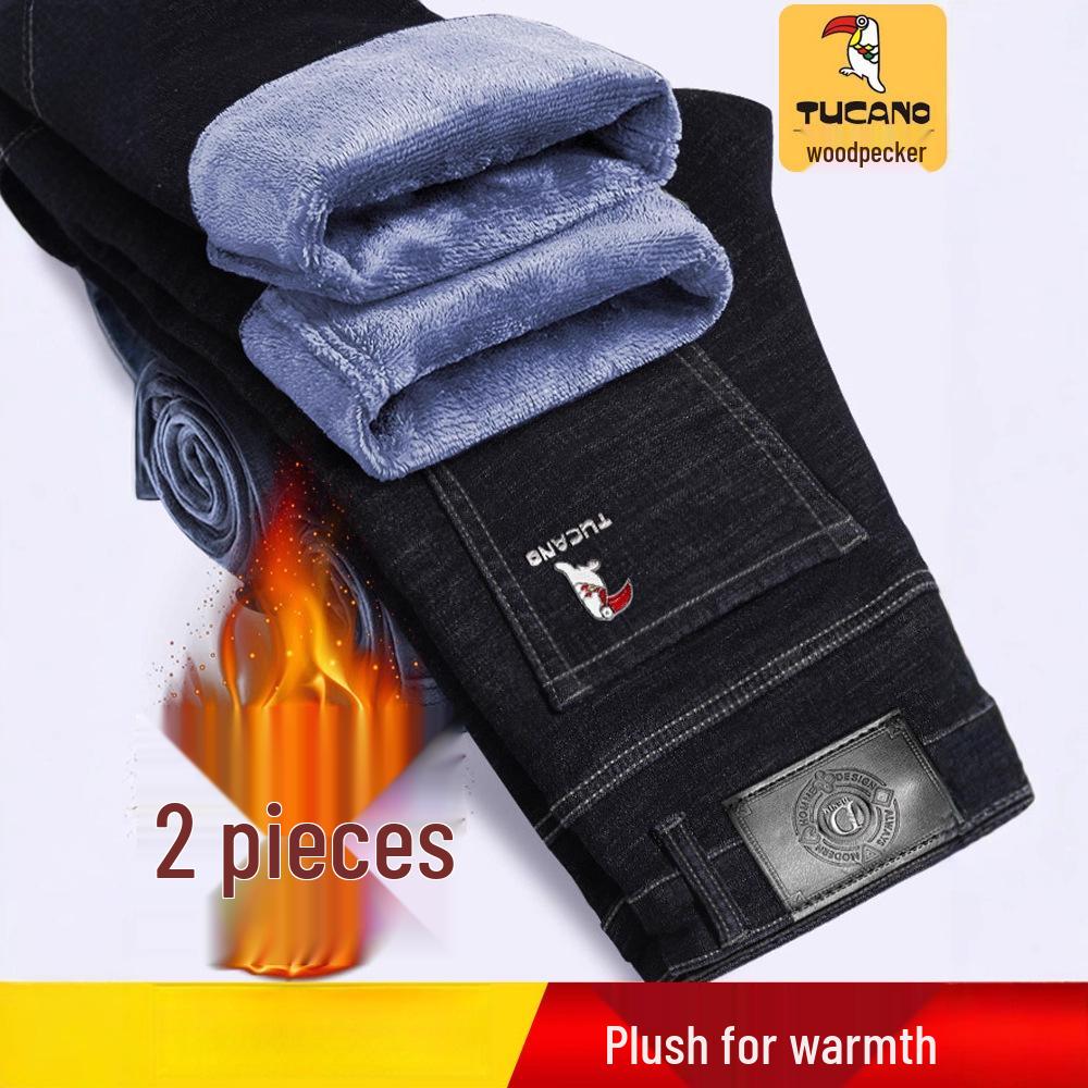 Woodpecker Men's Fleece-lined Straight Leg Stretch Jeans - Loose Fit, Plus Size, Warm Casual Pants for Autumn/Winter