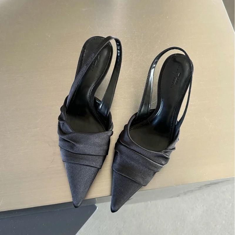 2024 Sandals Women's Summer New Pointy Pumps Back Empty Single Shoe Satin Ribbon High Heels