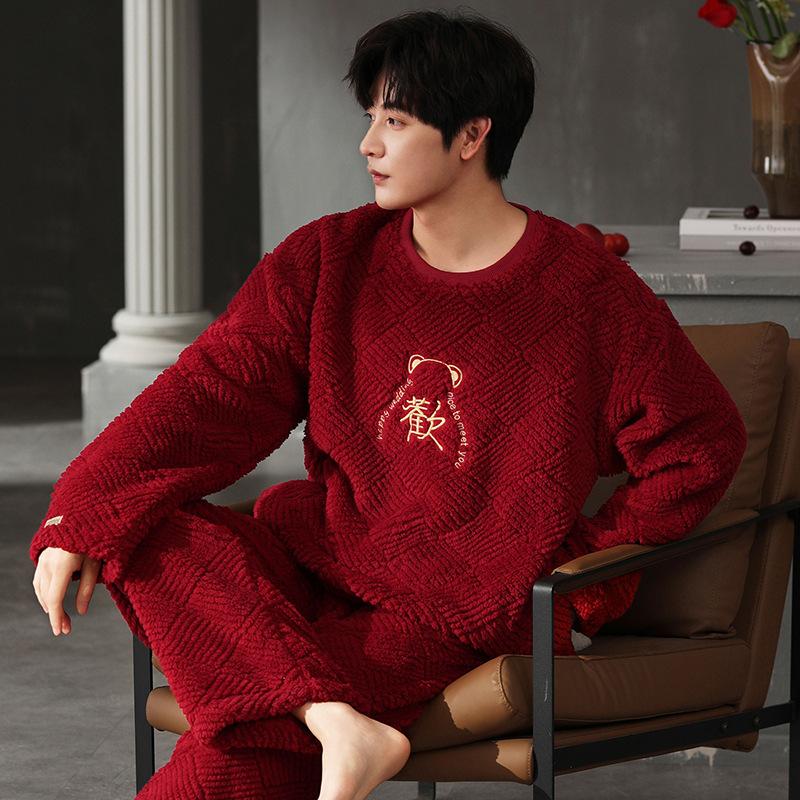 Couple Flannel Red Wedding Pajamas Winter Women's Festive Wedding Autumn and Winter Coral Fleece Loungewear Suit Men