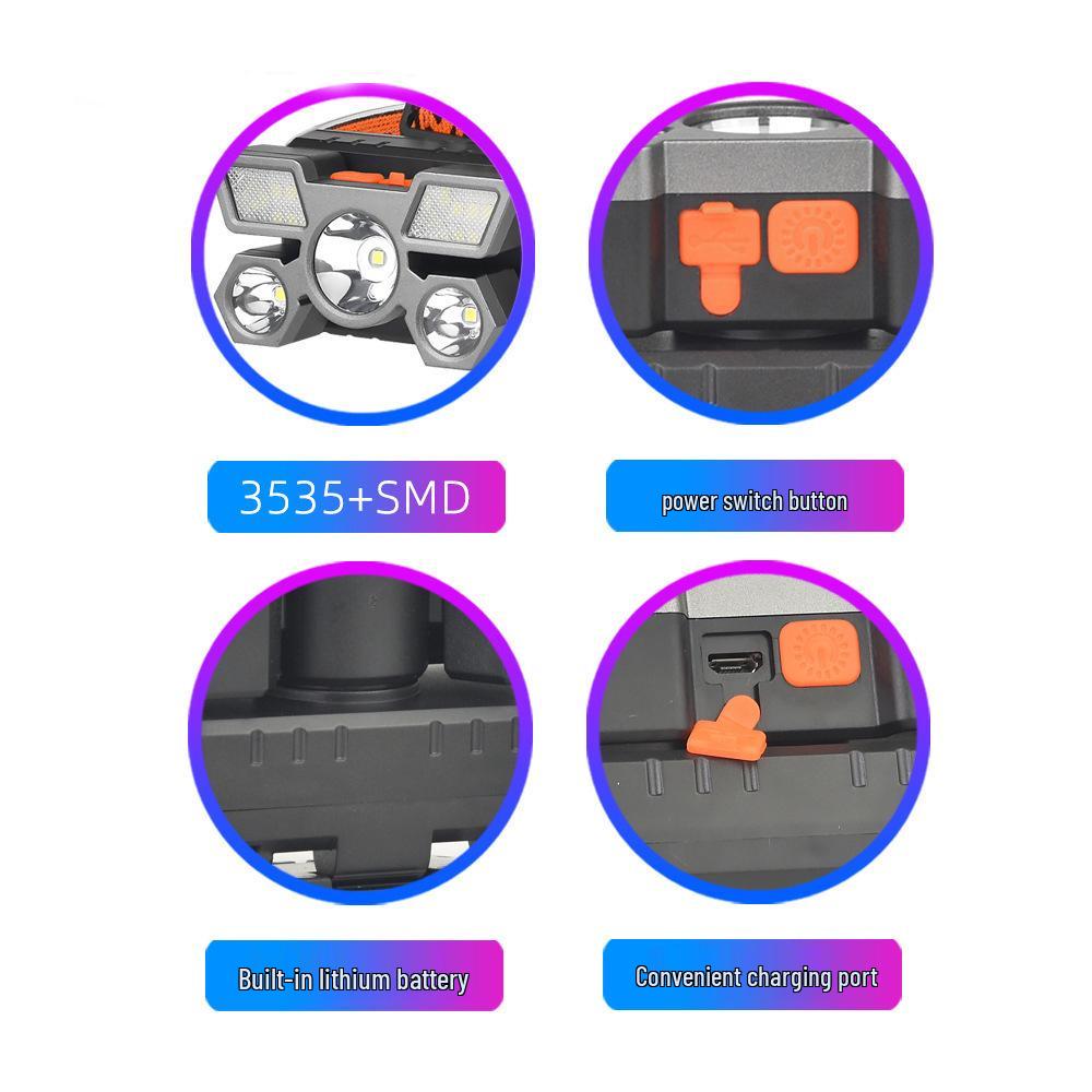 Rechargeable Super Bright Long-Range Headlamp for Outdoor Night Activities - Five LEDs