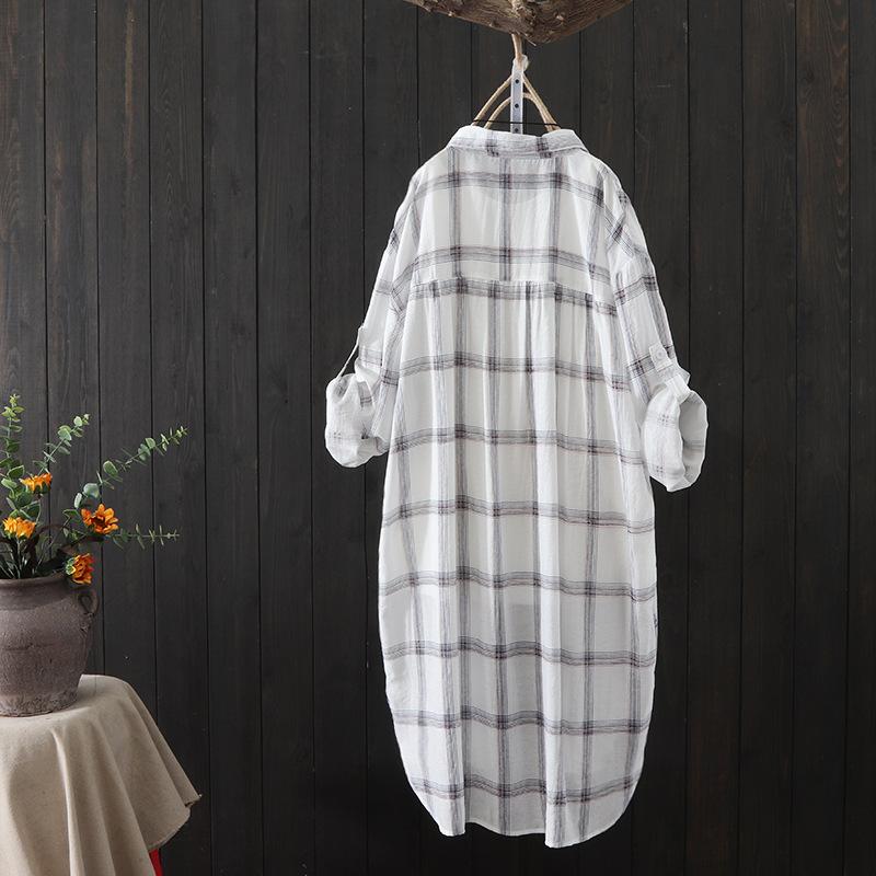 Women's Checkered Shirt Summer Loose Women's Medium Long Shirt Hong Kong Style Thin Shirt