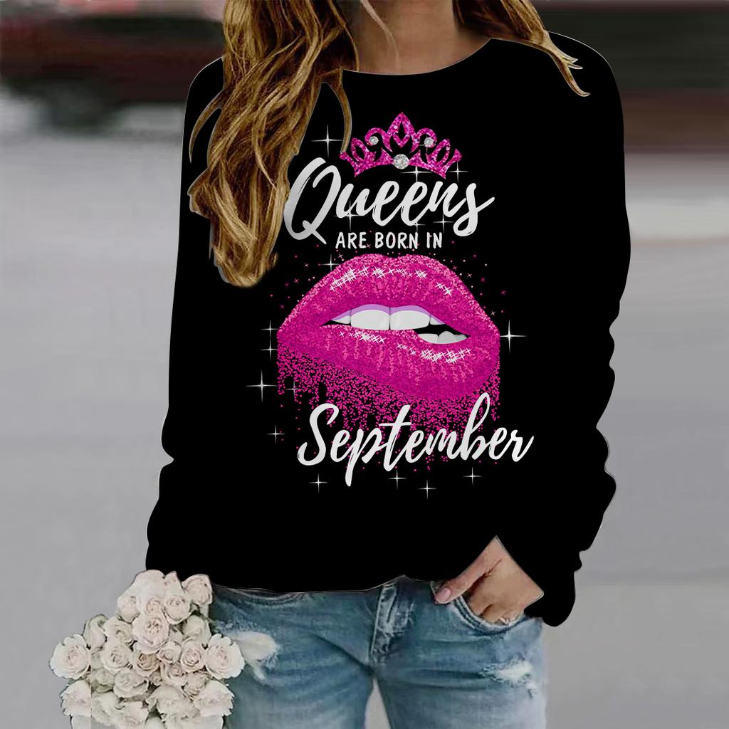 Fall Autumn Women'S Fashion O Neck Long Sleeve T-Shirt Loose Clothes Red Lips Print T Shirt